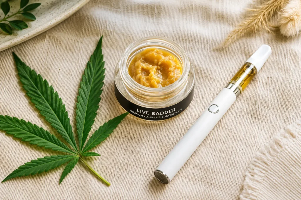 Natural Buds cannabis concentrates for 710 Day including rosin, live resin, wax, and vape products on a natural earthy display