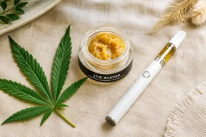 Natural Buds cannabis concentrates for 710 Day including rosin, live resin, wax, and vape products on a natural earthy display